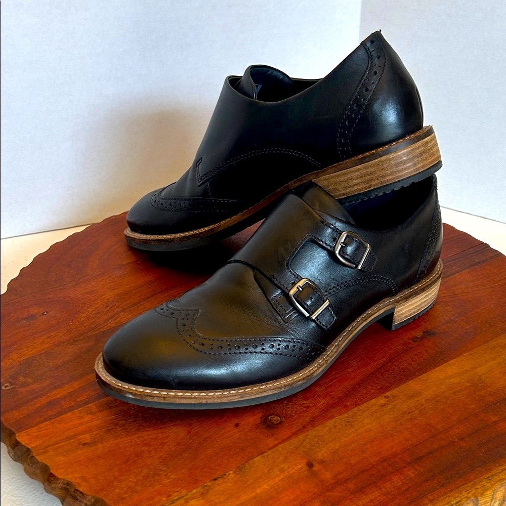 Ecco Black Leather Double Monk Strap Oxfords